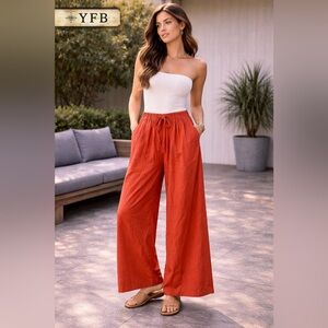 Wide Leg Drawstring Pants - Rust. BB9